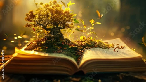 open fairy tale book with plants on it. video 4k photo