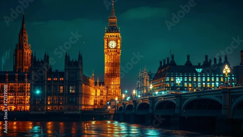 The illuminated Big Ben tower in London at night photo