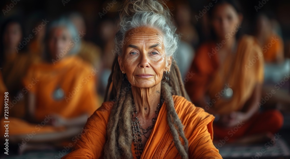 A serene woman in an orange robe gazes solemnly at the camera, her dreadlocks framing her human face as she stands in front of a temple, embodying the peaceful aura of a monk with her fan in hand