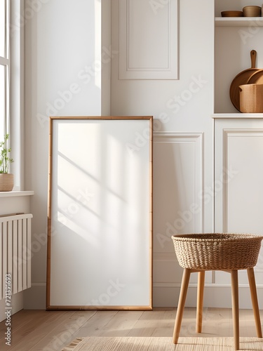 Mockup frame in rustic kitchen interior. Home mockup