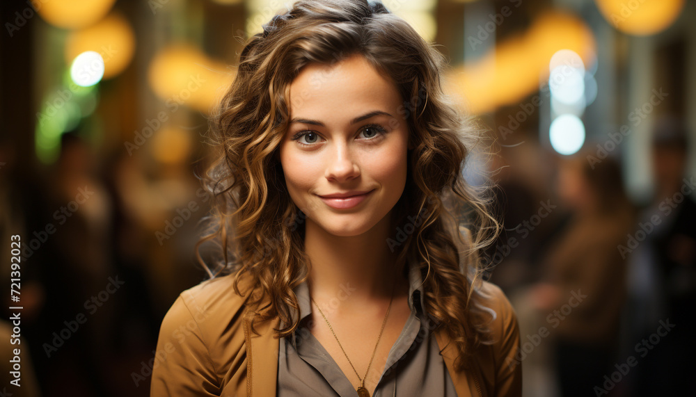 A beautiful woman, smiling, looking at camera, confident and happy generated by AI A beautiful woman, smiling, looking at camera, confident and happy generated by AI