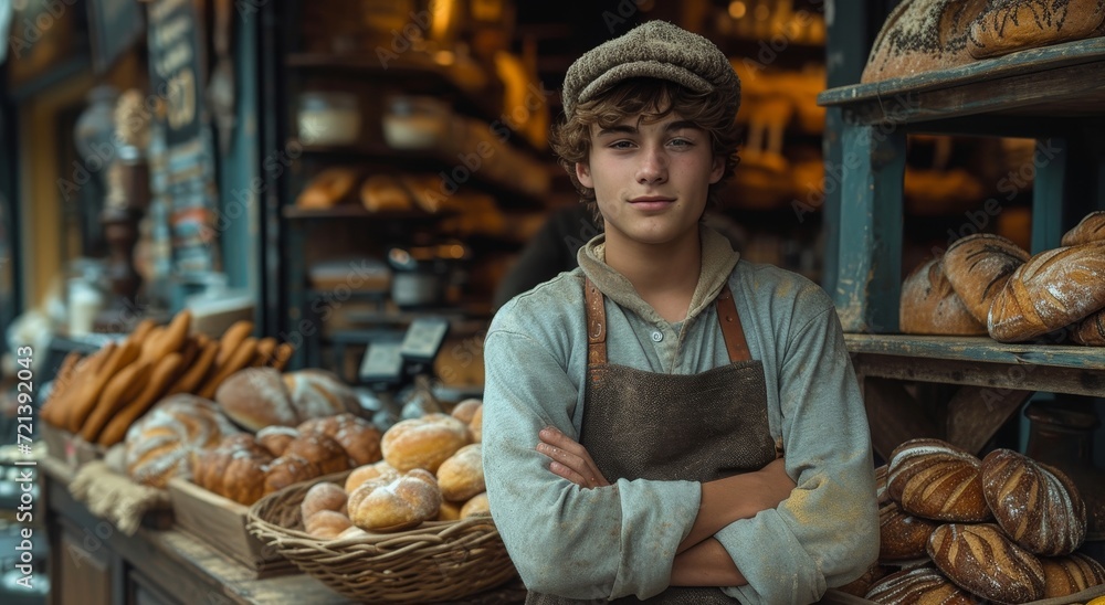 A man clad in rustic clothing stands proudly before a basket overflowing with freshly baked bread, as he contemplates the bustling bakery shop in the lively outdoor market