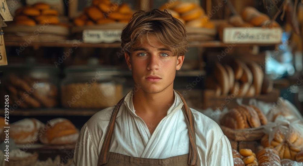 A person with a kind human face, wearing an apron and surrounded by freshly baked bread in a cozy bakery, prepares delicious snacks indoors