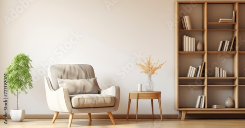 A Cozy Armchair and Wooden Cabinet Set Against a Bright, Clean Living Room Interior as a Perfect Home Design Template