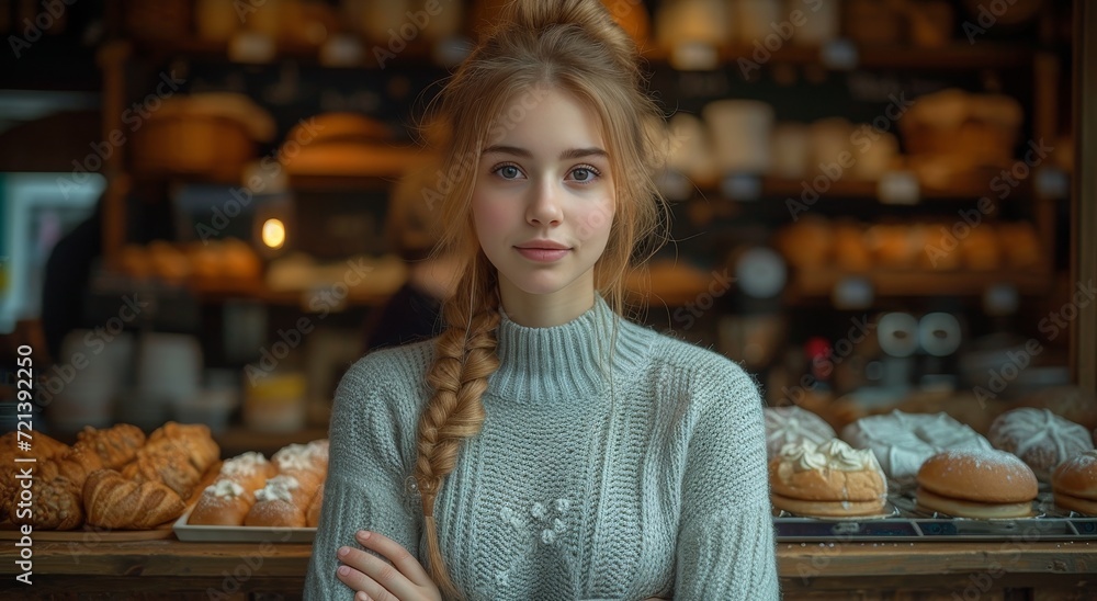 A stylish lady with braided hair enjoys a delicious doughnut inside a cozy bakery, savoring every bite of the sweet treat