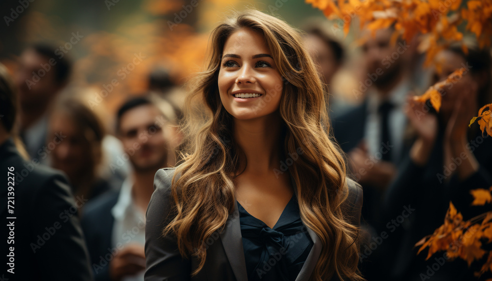 Young women enjoying nature, smiling with confidence, looking at camera generated by AI Young women enjoying nature, smiling with confidence, looking at camera generated by AI