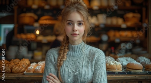 A stylish lady with braided hair enjoys a delicious doughnut inside a cozy bakery, savoring every bite of the sweet treat