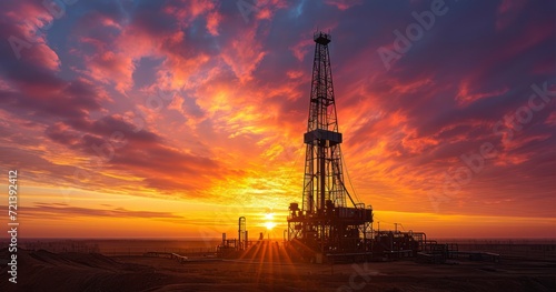 An Active Drilling Rig's Silhouette Emerging Beneath the Evening Glow © Kingboy
