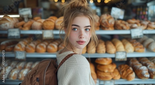 A woman's longing gaze at the array of freshly baked goods in the bustling bakery shop hints at her craving for a warm, soft bun or indulgent donut to satisfy her hunger