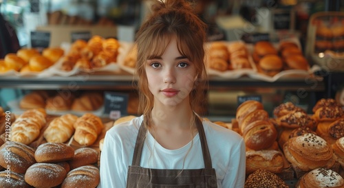 A fashionable woman admires the delectable display of pastries at the local bakery, her mouth watering at the sight of the freshly baked breads, donuts, and other gluten-free treats