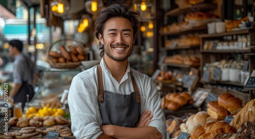 A shopkeeper stands proudly in front of his bustling bakery, his friendly face inviting passersby to indulge in the delectable treats he has for sale at the lively outdoor marketplace photo