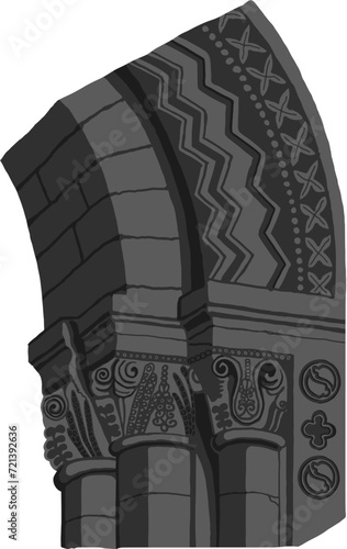 Gothic buttress arch stylized drawing. Architectural stone support with columns; european medieval cathedral/church piers illustration, detailed archivolt photo