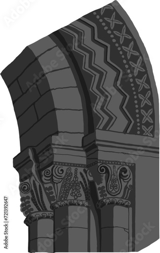 Gothic buttress arch stylized drawing. Architectural stone support with columns; european medieval cathedral/church piers illustration, detailed archivolt