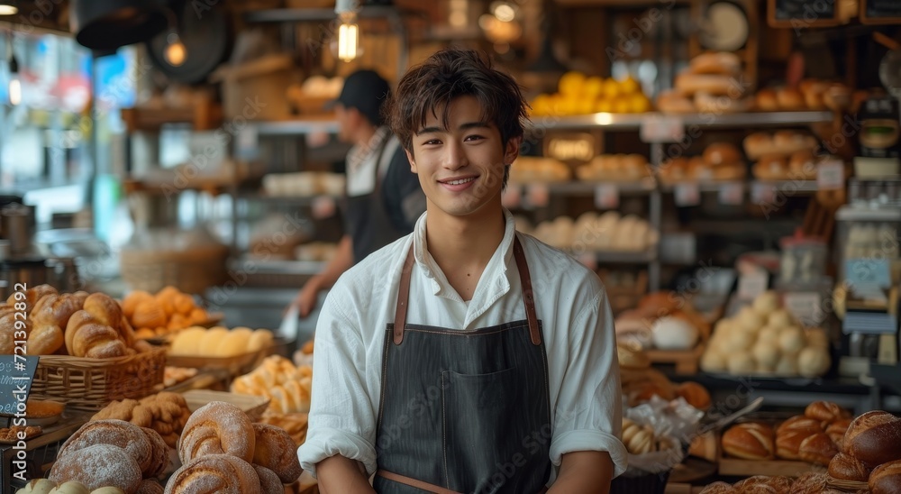 A skilled shopkeeper proudly displays his freshly baked goods, enticing passersby with the mouthwatering aroma of warm bread and pastries in his bustling indoor bakery shop