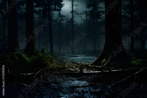 Rainy forest night wide shot cinematic style