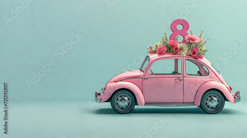 International Women's Day. Banner, flyer, postcard. Pink toy retro car with flowers and number 8 on the roof, empty space. Generative AI