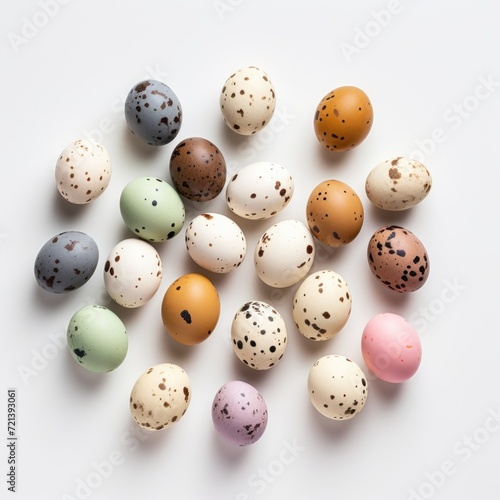  Easter composition of colorful quail eggs and spring colors over white background. Springtime holidays concept. Top view