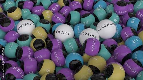 DEIB Diversity Equity Inclusion Belonging 4 white balls with text D.E.I.B. on colored balls background. photo