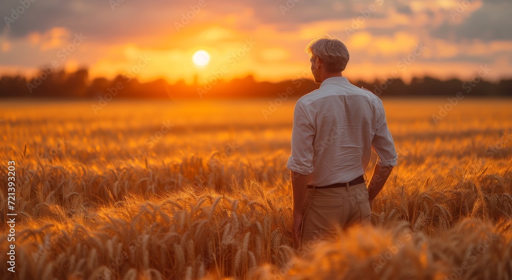 Fototapeta premium A lone farmer stands tall among the golden wheat, his clothing blending with the prairie as the sun sets on another successful harvest