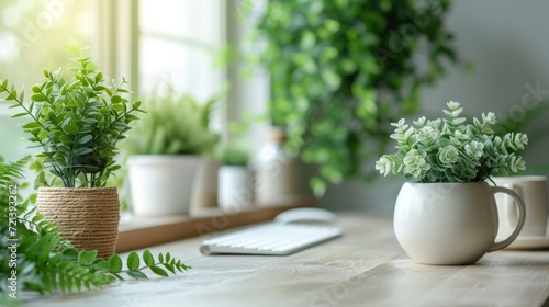 Modern Interior Design  Potted Palm Plant by Window with Open Space for Text or Logo