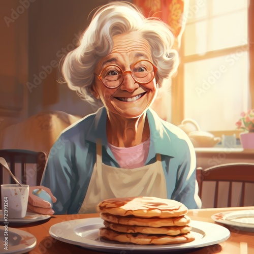 Elderly senior woman eating pancakes at a table, looking happy