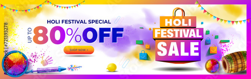 Holi website shopping sale banner design. Advertising sales offer deal discount text with bag, sweet, gift box and color splash background. Vector illustration.