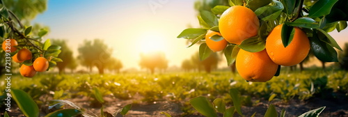 Beauty of ripe oranges, against the backdrop of a sun-dappled citrus grove.