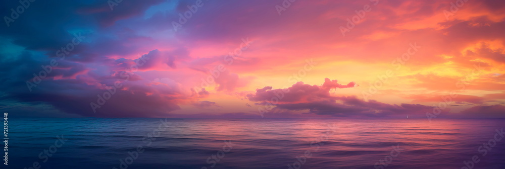 mesmerizing sunset scene , blending warm tones like orange and purple with cool blues and greens.