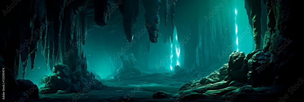 mystical landscape within luminescent caves, where glowing crystals and stalactites illuminate the underground world. - obrazy, fototapety, plakaty 