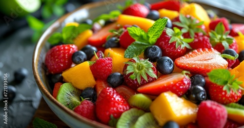 A Delicious Assortment of Fresh Fruits and Strawberries in a Salad  for a Nutritious Breakfast or Dessert