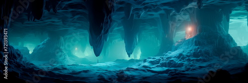 mystical landscape within luminescent caves, where glowing crystals and stalactites illuminate the underground world. photo