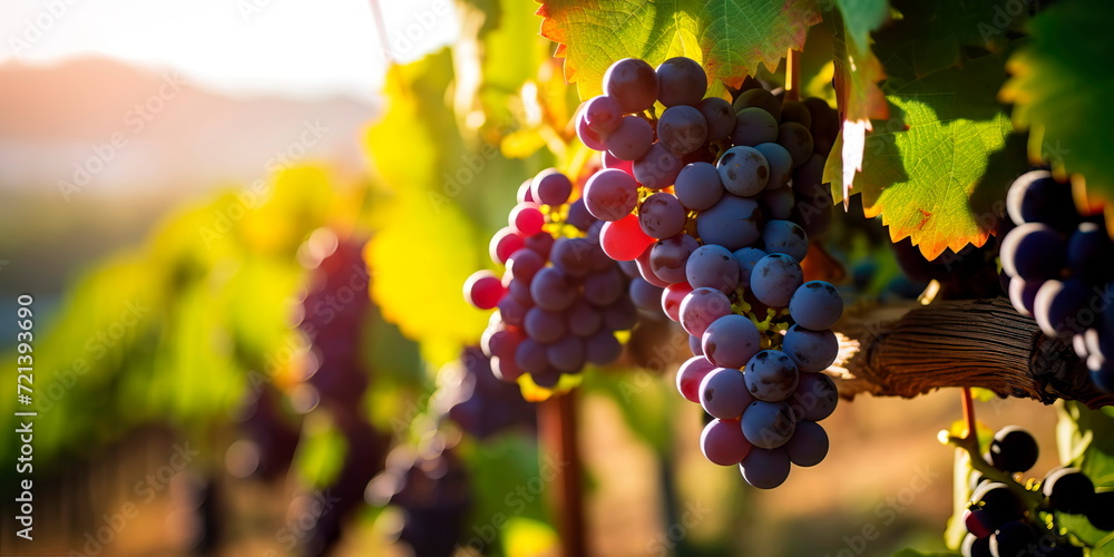 ripe grapes on the vine, bathed in sunlight, with the backdrop of a lush vineyard stretching into the distance.