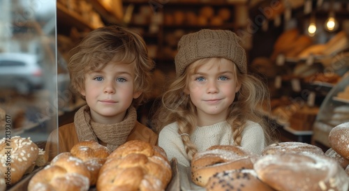 Two young friends capture a moment of sweetness in a bustling bakery  their faces beaming with joy as they proudly hold up their freshly baked donuts