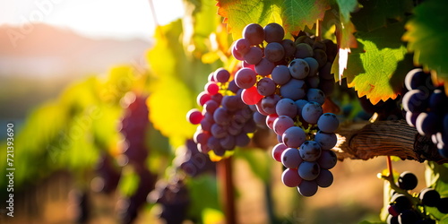ripe grapes on the vine  bathed in sunlight  with the backdrop of a lush vineyard stretching into the distance.