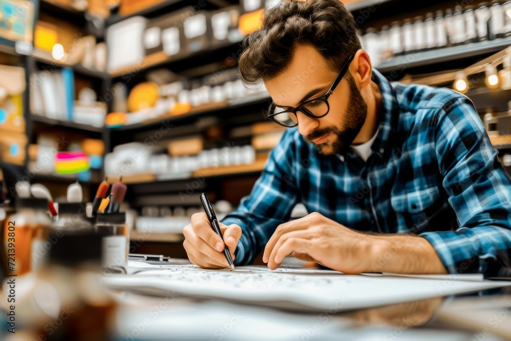 A focused male designer sketching concepts at his creative workspace with pens and paper. A focused male designer sketching concepts at his creative workspace with pens and paper.