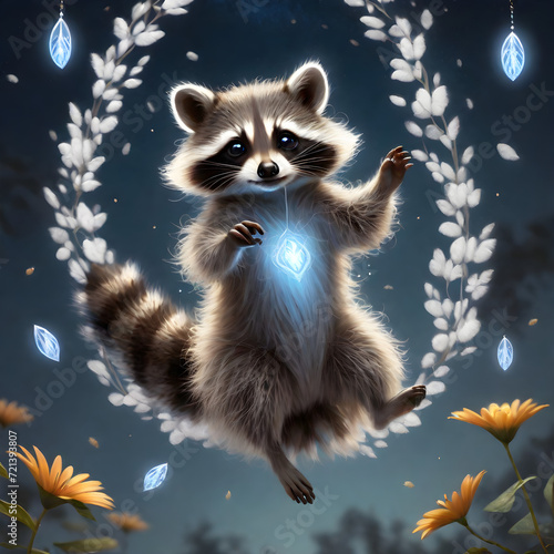 The fluffy baby raccoon is an adorable creature to behold, with its soft fur and curious eyes. Although young, it exudes a certain charm and mischief, exploring the world around it in playful innocenc © bulent