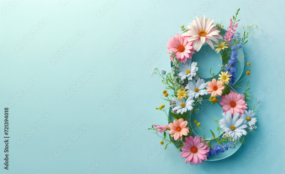 Happy Womens Day. March 8 design template. Decorative blue number with spring flowers and empty space. Generative AI Happy Womens Day. March 8 design template. Decorative blue number with spring flowers and empty space. Generative AI