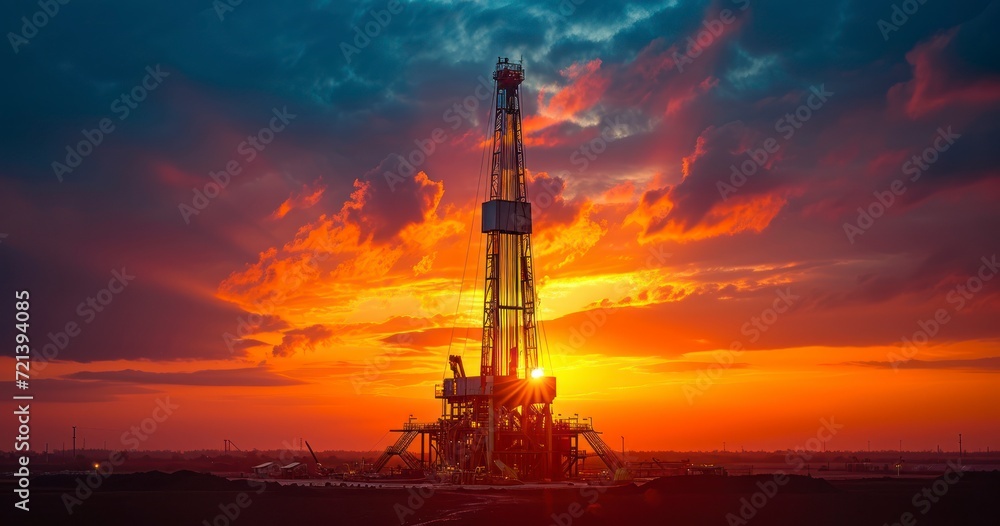 Sunset Behind an Active Drilling Rig. Oil Derrick Silhouette Sunset Behind an Active Drilling Rig. Oil Derrick Silhouette