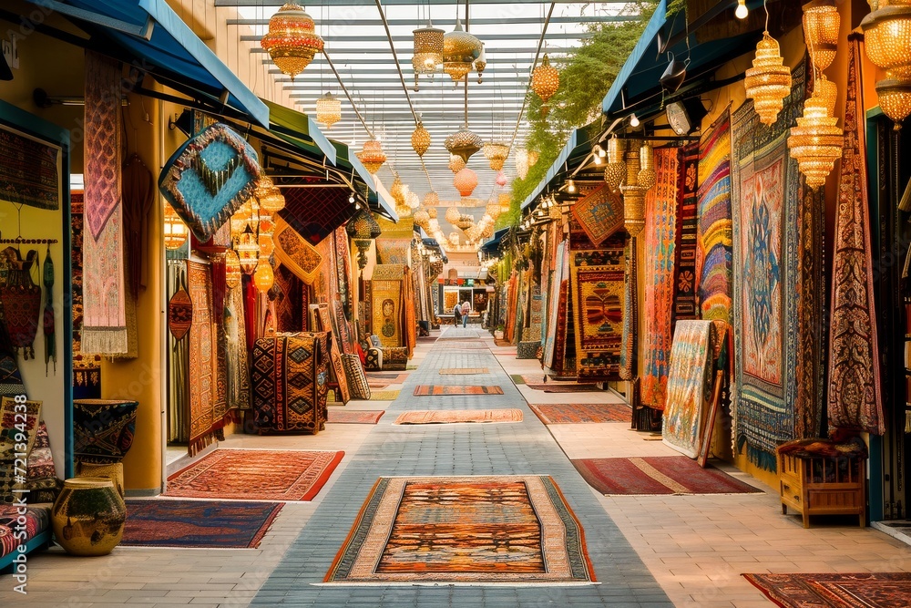 Obraz premium Colorful traditional market bazaar lined with vibrant handmade carpets, rugs, and exotic lanterns.