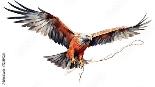 Red kite with ribbons and rope flying high in the air isolated on white background. Watercolor hand drawn illustration sketch photo