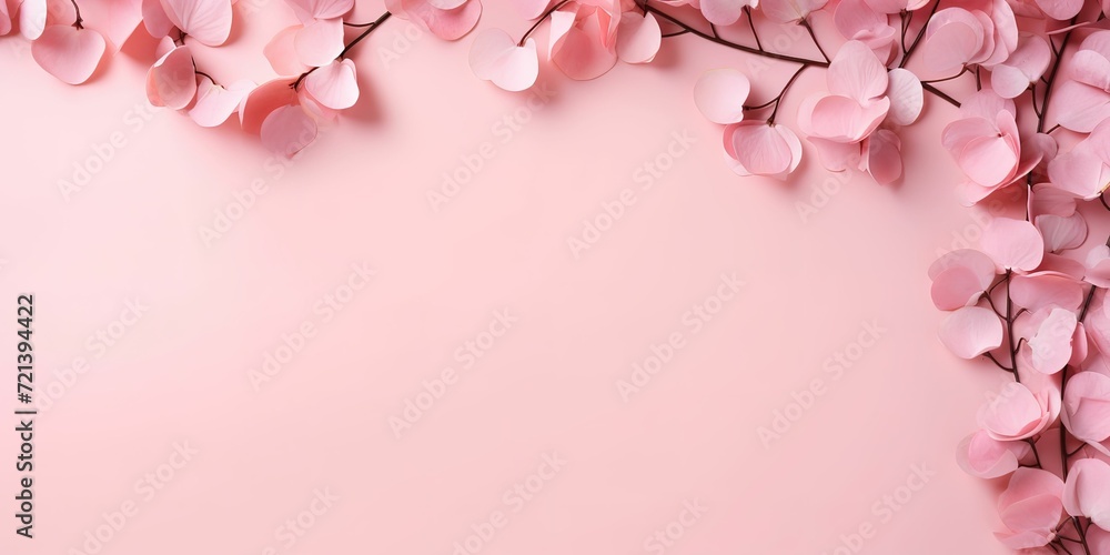 Flowers composition. Pink flowers and eucalyptus branches on pink background.
