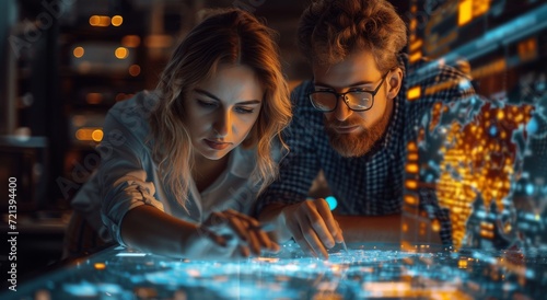 In the dim light of night, a woman in glasses gazes intently at a map while a man stands beside her, their faces reflecting determination and curiosity as they plan their next adventure