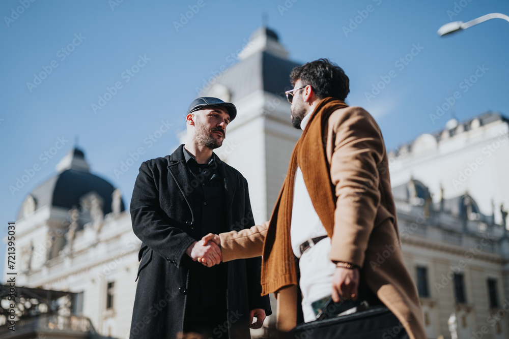 Urban professionals greeting each other with a handshake outdoors. The image captures a sense of partnership, networking, and stylish menswear in a city environment.