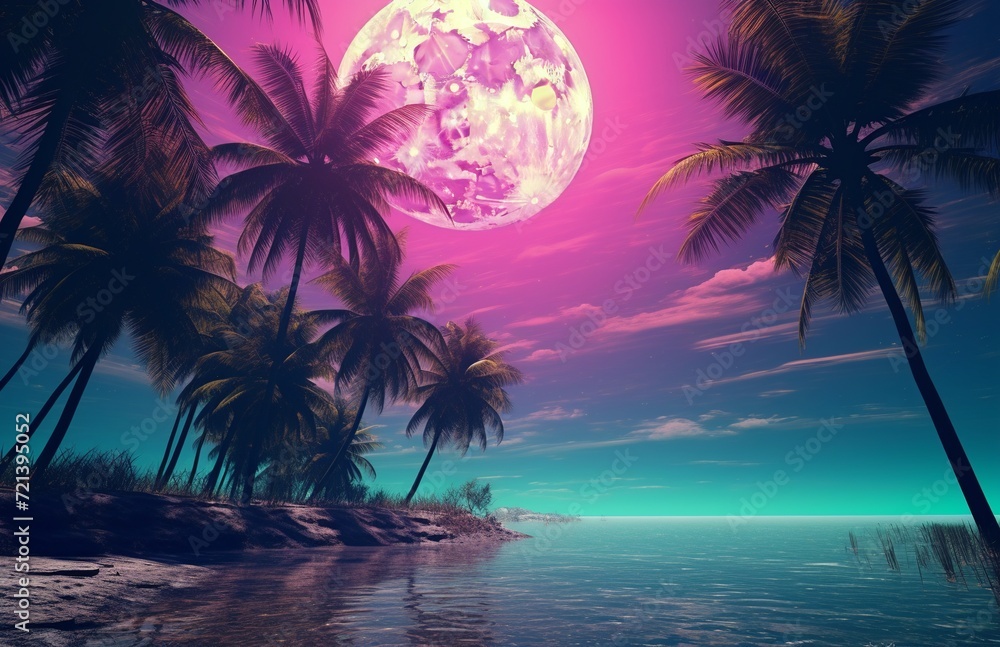 Tropical Beach Night with Radiant Purple Moon