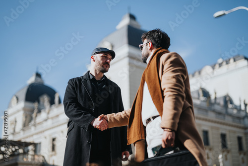 Urban professionals greeting each other with a handshake outdoors. The image captures a sense of partnership, networking, and stylish menswear in a city environment.