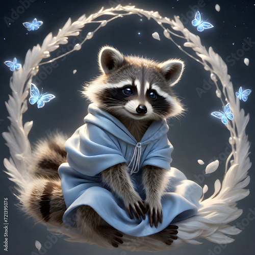 The fluffy baby raccoon is an adorable creature to behold, with its soft fur and curious eyes. Although young, it exudes a certain charm and mischief, exploring the world around it in playful innocenc photo