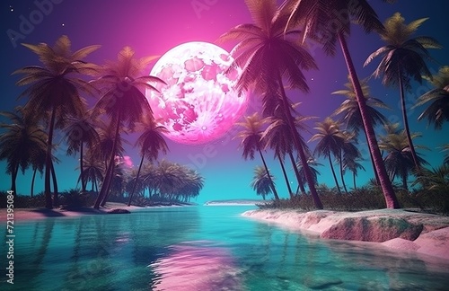 Tropical Dreamscape with Luminous Pink Moon