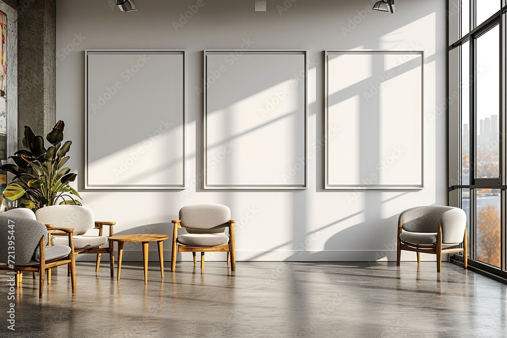 Minimalist Office Mockup Frame on Wall,Clean Workspace Mockup in Modern Office