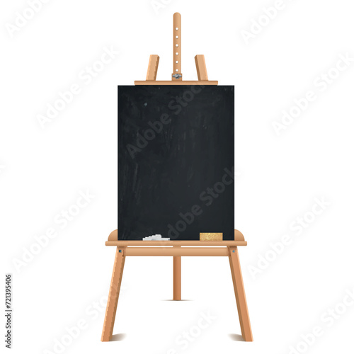 Black chalkboard on wooden easel menu board with chalk and sponge mockup realistic vector