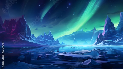 the aurora lights shine brightly in the night sky over an ice floese and icebergs in the ocean.